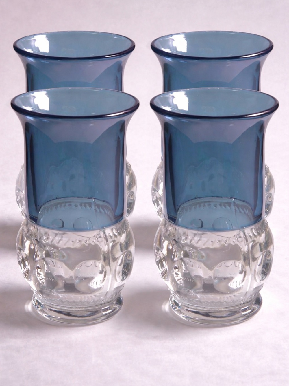 Vintage Tiffin Blue Flashed Glass Tumblers Set 4 King’s Crown Thumbprint MCM